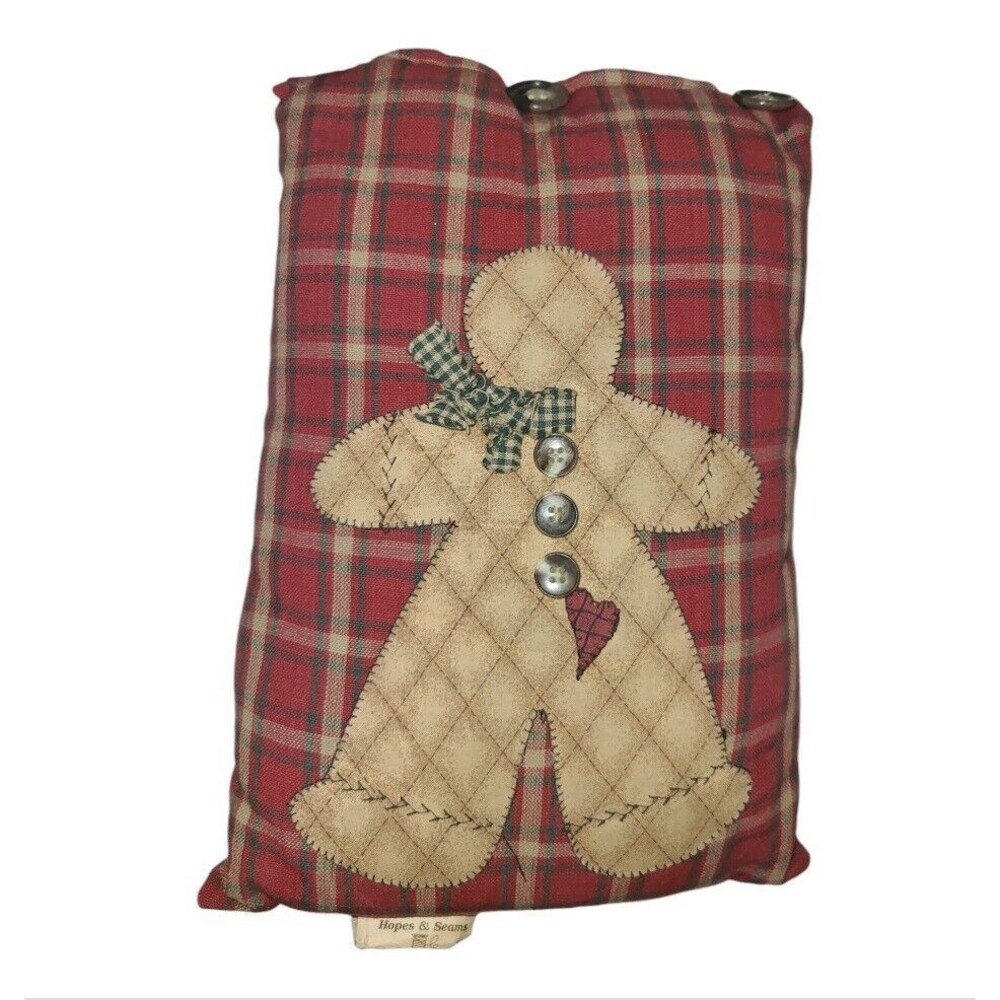 Vtg Primitive Christmas Red Plaid Handmade Gingerbread Throw Pillow Rustic Decor